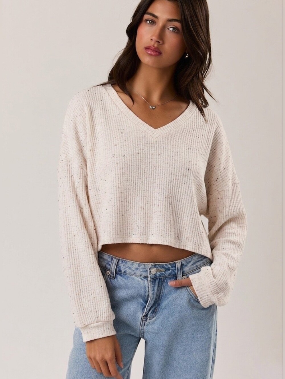 V-Neck Cream Speckled Cropped Long Sleeve